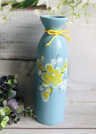 Настольная ваза "Ария" в голубом цвете с росписью h 25 см