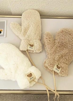 Перчатки меховые тедди со шнурком (teddy, медведь, мишка, кара...