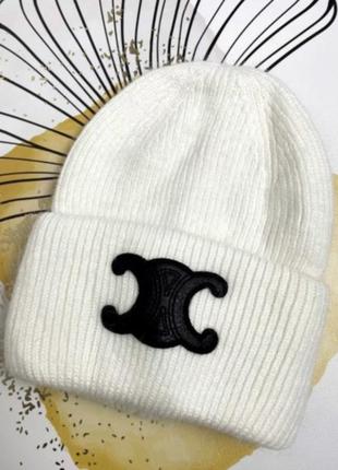Зимова шапка celine з лого в рубчик з підворотом якісна тепла ...