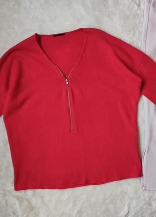 Красный натуральный вязанный свитер шерсть с кашемиром оверсай...