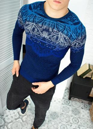 Кофта с принтом н5076 коттон сине-голубая свитер теплый приятн...