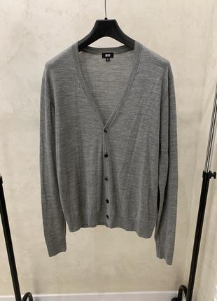 Серый кардиган uniqlo свитер джемпер базовый шерстяной классич...