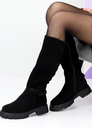 Жіночі чоботи замшеві з ланцюжком у чорному кольорі Єврозима