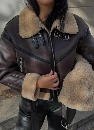 Трендова стильна дублянка авіатор  куртка пальто коричнева  ек...