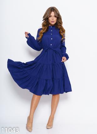 Синее расклешенное платье с воланами, размер S