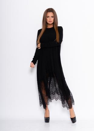Черное фактурное свободное платье с кружевом, размер S