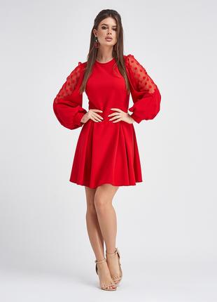 Красное платье с объемными рукавами, размер L
