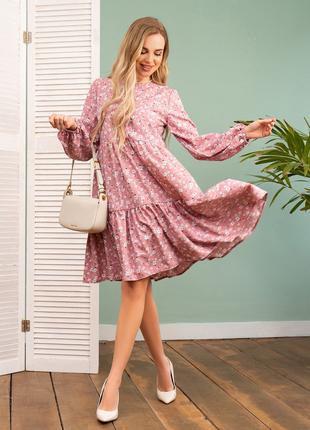 Розовое цветочное платье-трапеция с воланами, размер M