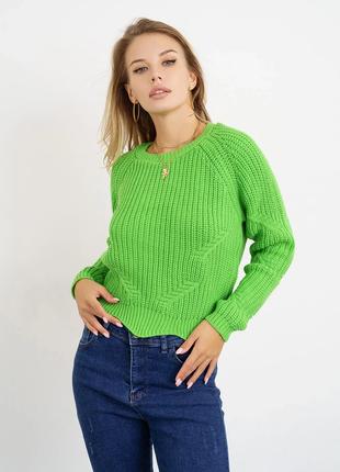 Салатовый вязаный свитер с фигурным низом, размер S