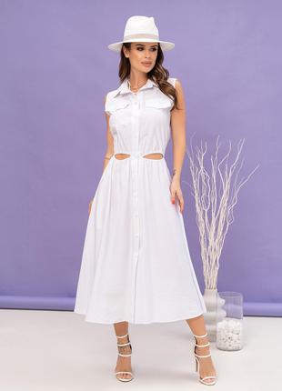 Белое льняное платье-рубашка с вырезами, размер S