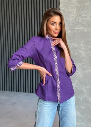 Фиолетовая льняная рубашка с вышивкой на манжетах, размер S