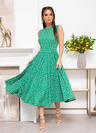 Зеленое в горошек платье без рукавов, размер S