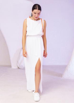 Белое хлопковое длинное платье с разрезом, размер S
