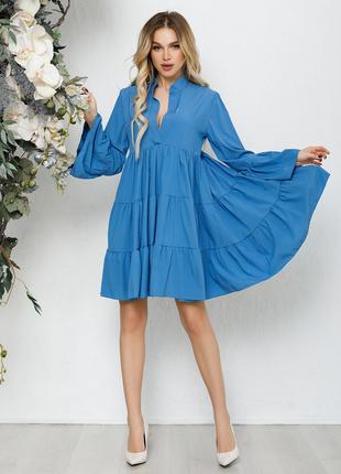 Голубое платье-трапеция с воланами, размер S
