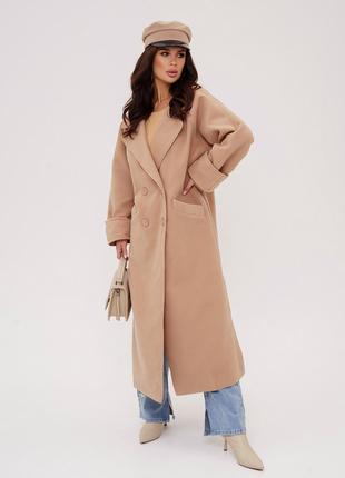 Бежеве кашемірове пальто з розрізами, розмір XL