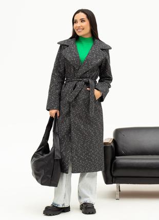 Серое фактурное кашемировое пальто с поясом, размер S