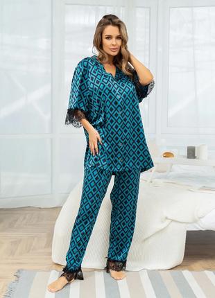 Шелковая принтованная пижама с кружевом, размер S