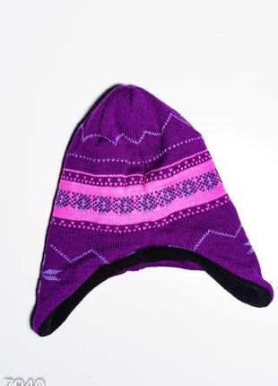 Фиолетово-розовая вязаная шапка на флисе с ушками, размер Univ...