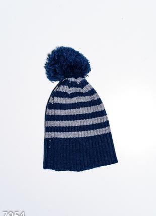 Сине-серая полосатая шапка с помпоном, размер Universal