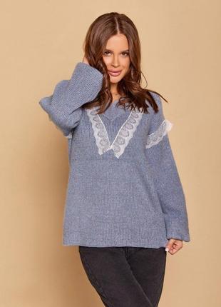 Бузковий вовняний пуловер з мереживом, розмір M