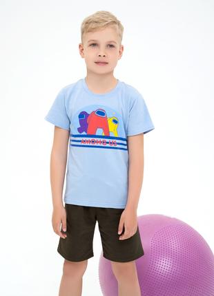 Голубая хлопковая футболка с принтом, размер 134