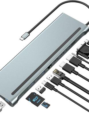 USB хаб Type-C 12 в 1 HDMI, VGA, AUX 3.5 mm, SD/TF Card Reader...