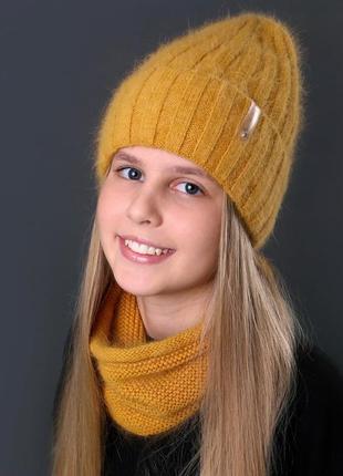 Теплая зимняя шапка ангора на флисе для девочки от 10 лет 55 5...