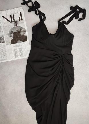 Вечернее темное сатиновое платье миди с косточками