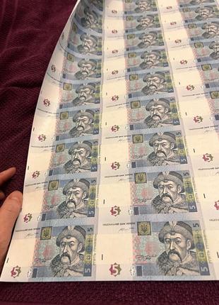 Нерозрізаний лист банкнот номіналом 5 гривень