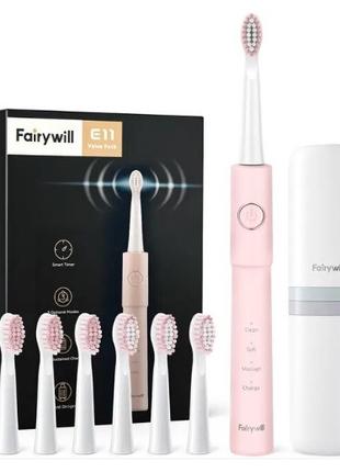 Звуковая зубная щетка FairyWill E11 розовая, 8 насадок и футля...