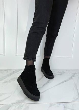 Зимние женские ботинки черные замшевые теплые