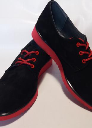 Туфли макасины женские замшевые черные с красной подошвой на ш...