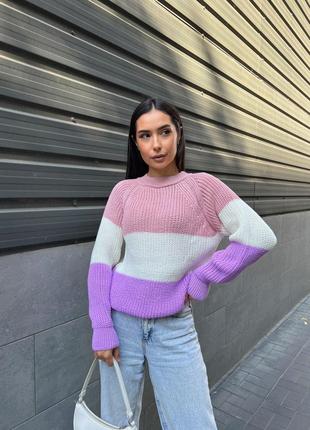 Теплый вязаный свитер Женский трехцветный вязаный свитер