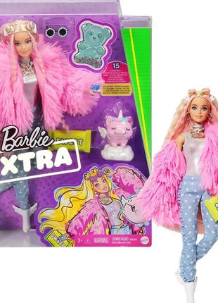 Барби экстра № 3 блондинка в розовой шубке с питомцем свинкой-...