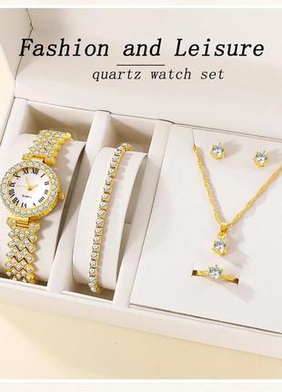 Подарочный набор для женщин 6 в 1: роскошные часы "Feminino Gold"