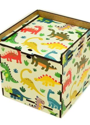 Цветная подарочная деревянная коробка 10х10 см динозавры поздр...