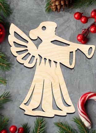 Деревянная новогодняя елочная игрушка "ангел с трубой" украшен...