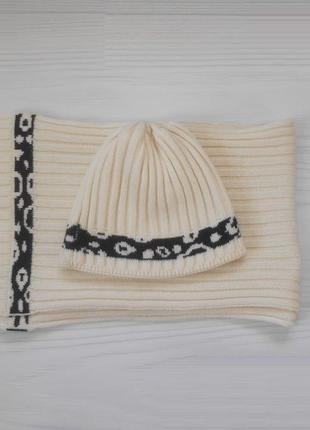Шерстяной теплый комплект шапка бини и шарф 50% шерсть totti