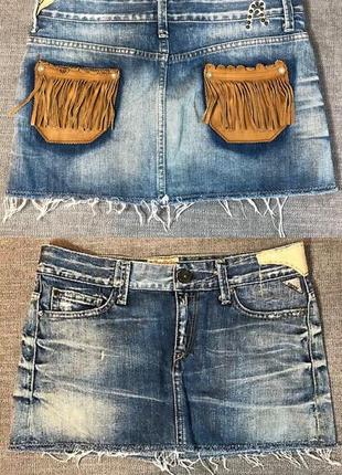 Винтажная джинсовая мини-юбка с бахромой y2k 2000s cowgirl