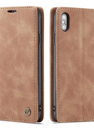 Чехол книжка Caseme с магнитом для iPhone Xs коричневый бумажник