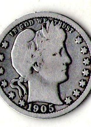 США ¼ долара, 1905 рік Barber Quarter Срібло 0.900, 6.25g, ø 2...
