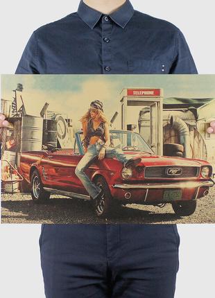 Ретро плакат Mustang RESTEQ из плотной крафтовой бумаги 51x36c...