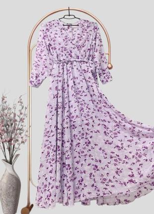Длинное шифоновое платье с рукавом прозрачным в цветочный принт