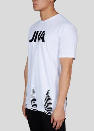 Мужская белая рваная длинная футболка с логотипом jka