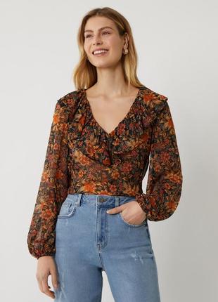 Блуза с цветочным принтом и оборками, xxl