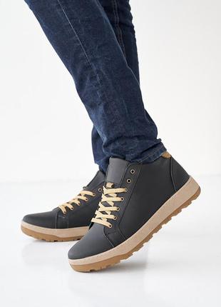 Мужские ботинки кожаные зимние черные-бежевые crossav 23-58