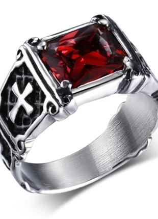 Мужское перстень печатка с древним крестом и красным камнем, в...