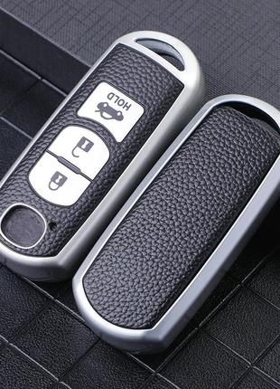 Чехол ТПУ с кожей для ключа серый Mazda 2, 3, 5, 6, Axela, Ate...