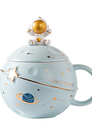 Чашка керамічна 400 мл Астронавт з кришкою та ложкою