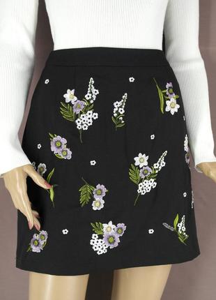 Брендовая черная юбка "new look" с цветочной вышивкой. размер ...